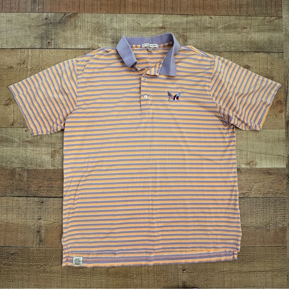 Peter Millar Cotton Blend Golf Polo Lilac Purple and Orange Striped Mens Large - Picture 1 of 7